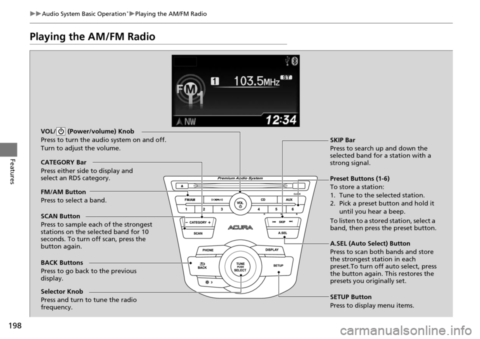 Acura RDX 2016 Owners Manual 198
uuAudio System Basic Operation*uPlaying the AM/FM Radio
Features
Playing the AM/FM Radio
BACK Buttons
Press to go back to the previous
display. SCAN Button
Press to sample each of the strongest
Acura RDX 2016 Owners Manual 198
uuAudio System Basic Operation*uPlaying the AM/FM Radio
Features
Playing the AM/FM Radio
BACK Buttons
Press to go back to the previous
display. SCAN Button
Press to sample each of the strongest
