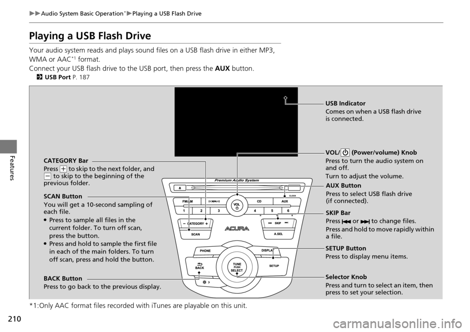 Acura RDX 2016 Owners Manual 210
uuAudio System Basic Operation*uPlaying a USB Flash Drive
Features
Playing a USB Flash Drive
Your audio system reads and plays sound files on a USB flash drive in either MP3,
WMA or AAC*1 format. Acura RDX 2016 Owners Manual 210
uuAudio System Basic Operation*uPlaying a USB Flash Drive
Features
Playing a USB Flash Drive
Your audio system reads and plays sound files on a USB flash drive in either MP3,
WMA or AAC*1 format.