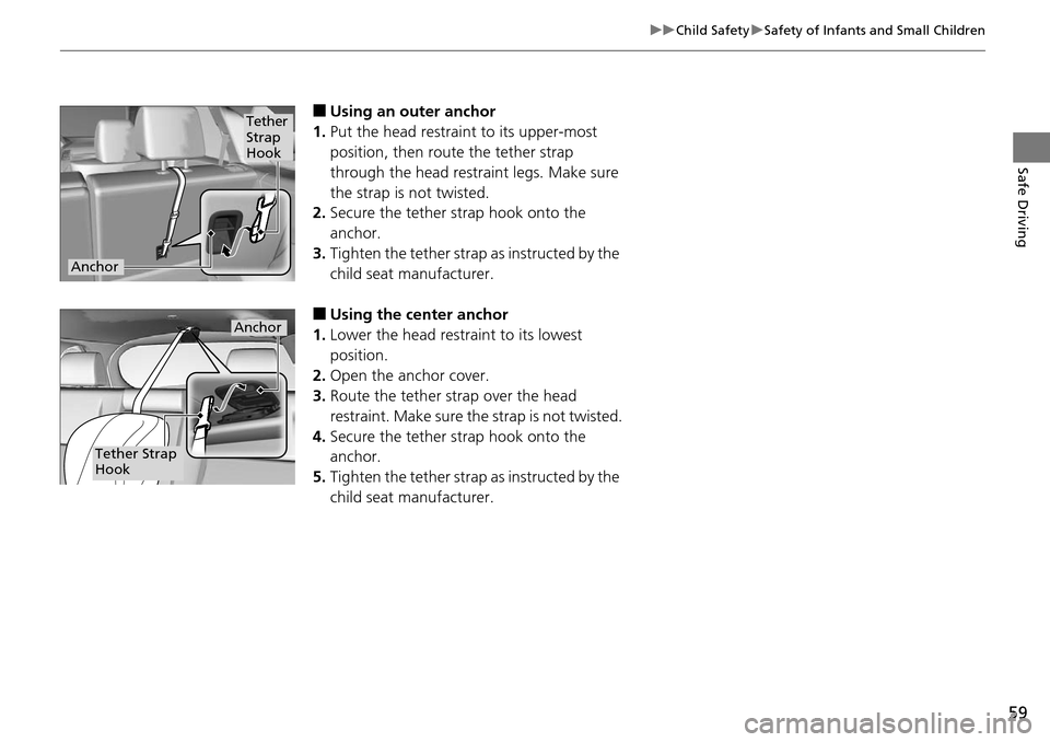 Acura RDX 2016  Owners Manual 59
uuChild Safety uSafety of Infants and Small Children
Safe Driving
■Using an outer anchor
1. Put the head restraint to its upper-most 
position, then route the tether strap 
through the head restr
