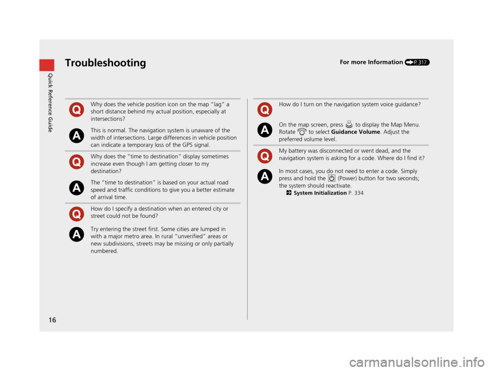Acura RDX 2016 Navigation Manual 16
Quick Reference GuideTroubleshootingFor more Information (P317)
Why does the vehicle position icon on the map “lag” a
short distance behind my actual position, especially at
intersections?
Th Acura RDX 2016 Navigation Manual 16
Quick Reference GuideTroubleshootingFor more Information (P317)
Why does the vehicle position icon on the map “lag” a
short distance behind my actual position, especially at
intersections?
Th