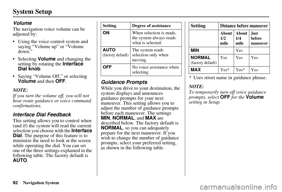 Acura RDX 2011 Navigation Manual 92Navigation System
System Setup
Volume
The navigation voice volume can be
adjusted by:
• Using the voice control system and saying “Volume up” or “Volume
down.”
• Selecting Volume and Acura RDX 2011 Navigation Manual 92Navigation System
System Setup
Volume
The navigation voice volume can be
adjusted by:
• Using the voice control system and saying “Volume up” or “Volume
down.”
• Selecting Volume and