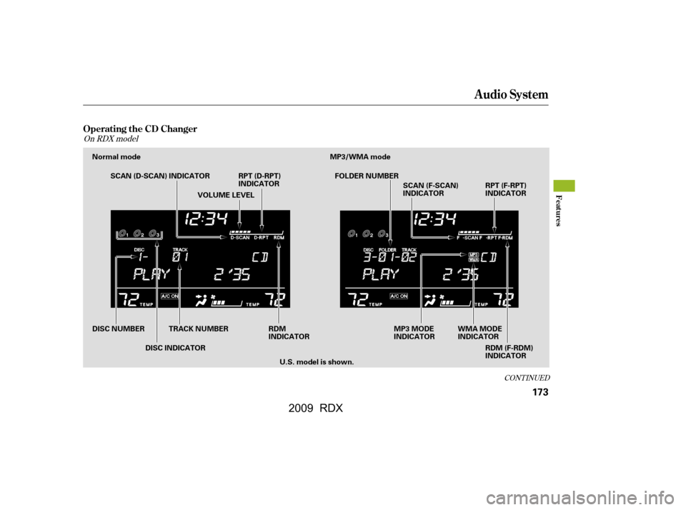 Acura RDX 2009  Owners Manual CONT INUED
On RDX model
Audio System
Operating the CD Changer
Features
173
Normal mode MP3/WMA modeSCAN (D-SCAN) INDICATOR RPT (D-RPT) INDICATOR
WMA MODE 
INDICATOR
MP3 MODE
INDICATOR
RDM (F-RDM)
INDI