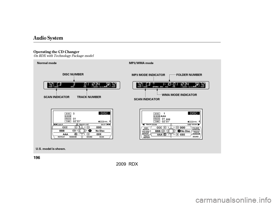 Acura RDX 2009  Owners Manual On RDX with Technology Package model
Audio System
Operating the CD Changer
196
Normal mode MP3/WMA modeSCAN INDICATORFOLDER NUMBER
WMA MODE INDICATOR
MP3 MODE INDICATOR
U.S. model is shown. DISC NUMBE