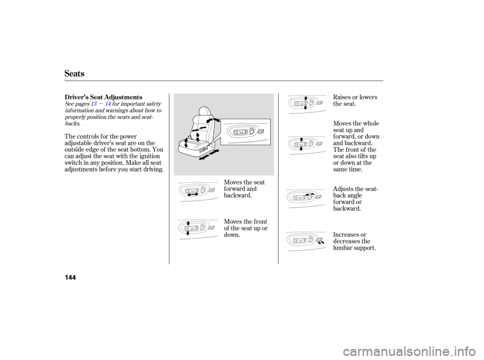 Acura RDX 2007  Owners Manual µ
Moves the seat
forward  and
backward. Raises 
or lowers
the  seat.
The  controls  for the  power
adjustable  driver’s seat are on the
outside  edge of the  seat  bottom.  You
can  adjust  the se