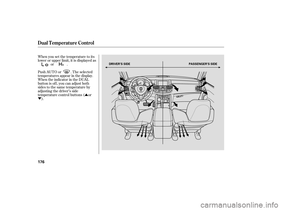 Acura RDX 2007  Owners Manual Û
Ý When you set the temperature to its
lower or upper limit, it is displayed as or .
Push AUTO or . The selected
temperatures appear in the display.
When the indicator in the DUAL
button is off, 
