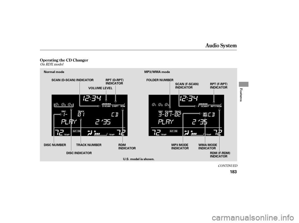 Acura RDX 2007  Owners Manual CONT INUED
On RDX model
Audio System
Operating the CD Changer
Features
183
Normal modeMP3/WMA mode
SCAN (D-SCAN) INDICATOR RPT (D-RPT) INDICATOR
WMA MODE
INDICATOR
MP3 MODE
INDICATOR
RDM (F-RDM)
INDIC