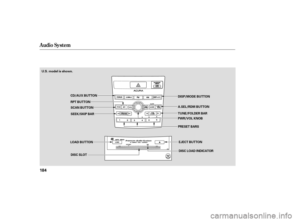 Acura RDX 2007  Owners Manual Audio System
184
LOAD BUTTONDISC SLOT EJECT BUTTON
DISC LOAD INDICATOR
CD/AUX BUTTON
RPT BUTTON SCAN BUTTON
U.S. model is shown.
DISP/MODE BUTTON
TUNE/FOLDER BAR A.SEL/RDM BUTTON
PWR/VOL KNOBPRESET BA
