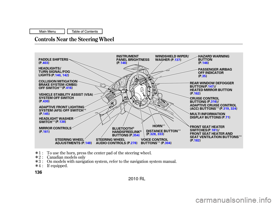 Acura RL 2010 Owners Manual ÎÎ
Î
ÎÎ Î
Î
Î
Î
Î
Î
Î
To use the horn, press the center pad of the steering wheel.
On models with navigation system, refer to the navigation system manual.
If equipped. Canadia Acura RL 2010 Owners Manual ÎÎ
Î
ÎÎ Î
Î
Î
Î
Î
Î
Î
To use the horn, press the center pad of the steering wheel.
On models with navigation system, refer to the navigation system manual.
If equipped. Canadia