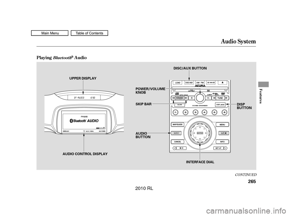 Acura RL 2010  Owners Manual CONT INUED
Audio System
PlayingAudioBluet oot h
Features
265
AUDIO CONTROL DISPLAYDISP
BUTTON
DISC/AUX BUTTON
INTERFACE DIAL
AUDIO
BUTTON SKIP BAR POWER/VOLUME
KNOB
UPPER DISPLAY
——