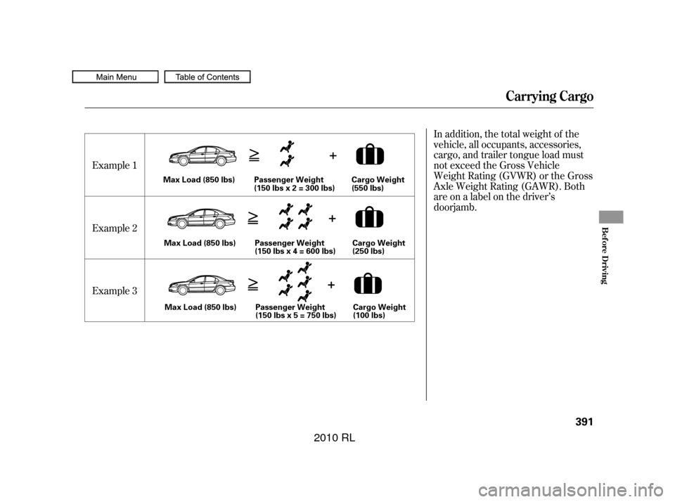 Acura RL 2010  Owners Manual In addition, the total weight of the
vehicle, all occupants, accessories,
cargo, and trailer tongue load must
not exceed the Gross Vehicle
Weight Rating (GVWR) or the Gross
Axle Weight Rating (GAWR). 