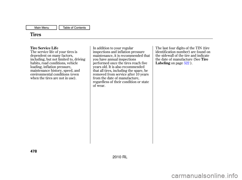 Acura RL 2010  Owners Manual The last four digits of the TIN (tire
identif ication number) are f ound on
the sidewall of the tire and indicate
the date of manufacture (Seeon page ).
The service lif e of your tires is
dependent on