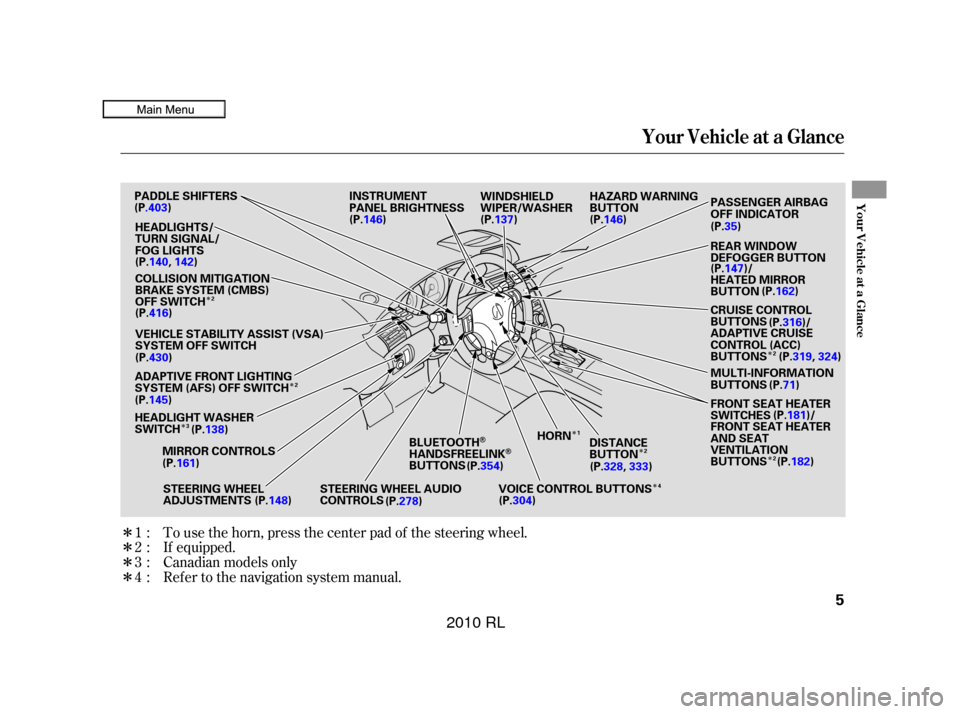 Acura RL 2010 Owners Manual Î
Î
Î
Î
ÎÎ Î
Î
Î
Î
Î
Î
To use the horn, press the center pad of the steering wheel.
If equipped.
1:
2:
3:
4: Canadian models only
Ref er to the navigation system manual.
Your V Acura RL 2010 Owners Manual Î
Î
Î
Î
ÎÎ Î
Î
Î
Î
Î
Î
To use the horn, press the center pad of the steering wheel.
If equipped.
1:
2:
3:
4: Canadian models only
Ref er to the navigation system manual.
Your V
