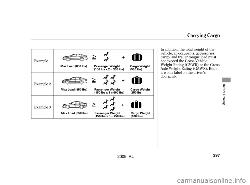 Acura RL 2009  Owners Manual In addition, the total weight of the 
vehicle, all occupants, accessories,
cargo, and trailer tongue load must 
not exceed the Gross Vehicle 
Weight Rating (GVWR) or the Gross
Axle Weight Rating (GAWR