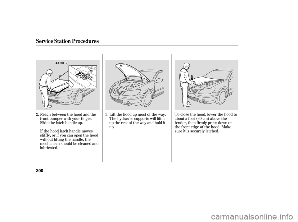 Acura RL 2006  Owners Manual Lif t the hood up most of the way.
The hydraulic supports will lif t it
uptherestof thewayandholdit
up.
If the hood latch handle moves
stif f ly, or if you can open the hood
without lifting the handle