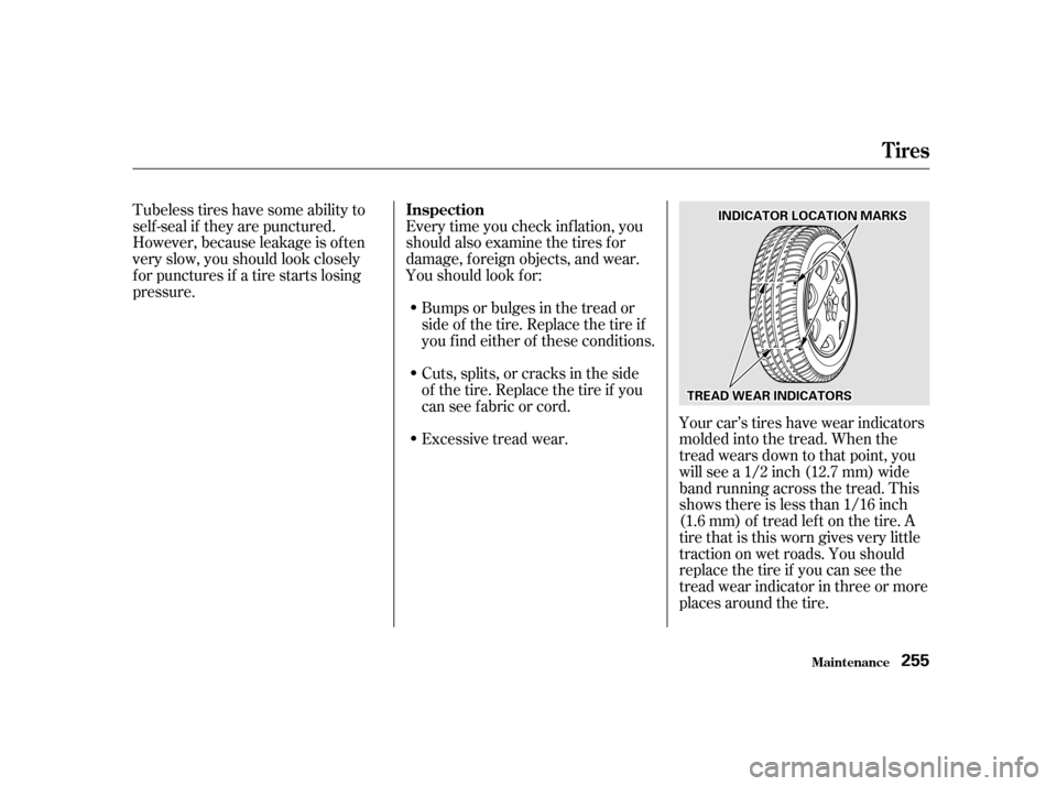 Acura RL 2002  3.5 Owners Manual Tubeless tires have some ability to
self -seal if they are punctured.
However, because leakage is of ten
very slow, you should look closely
for punctures if a tire starts losing
pressure.Every time yo