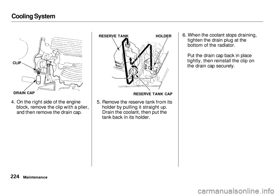 Acura RL 2001  3.5 Owners Manual Cooling System

4. On the right side of the engine
block, remove the clip with a plier, and then remove the drain cap.

5. Remove the reserve tank from its

holder by pulling it straight up.Drain the 