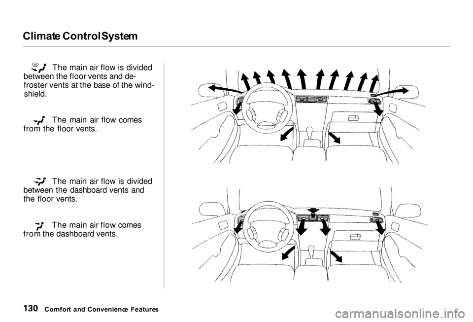 Acura RL 2000  3.5 Owners Manual 
Climat
e Control  System
The main air flow is divided
between the floor vents and de-
froster vents at the base of the wind-
 shield.

The main air flow comes
from the floor vents.
The main air flow 