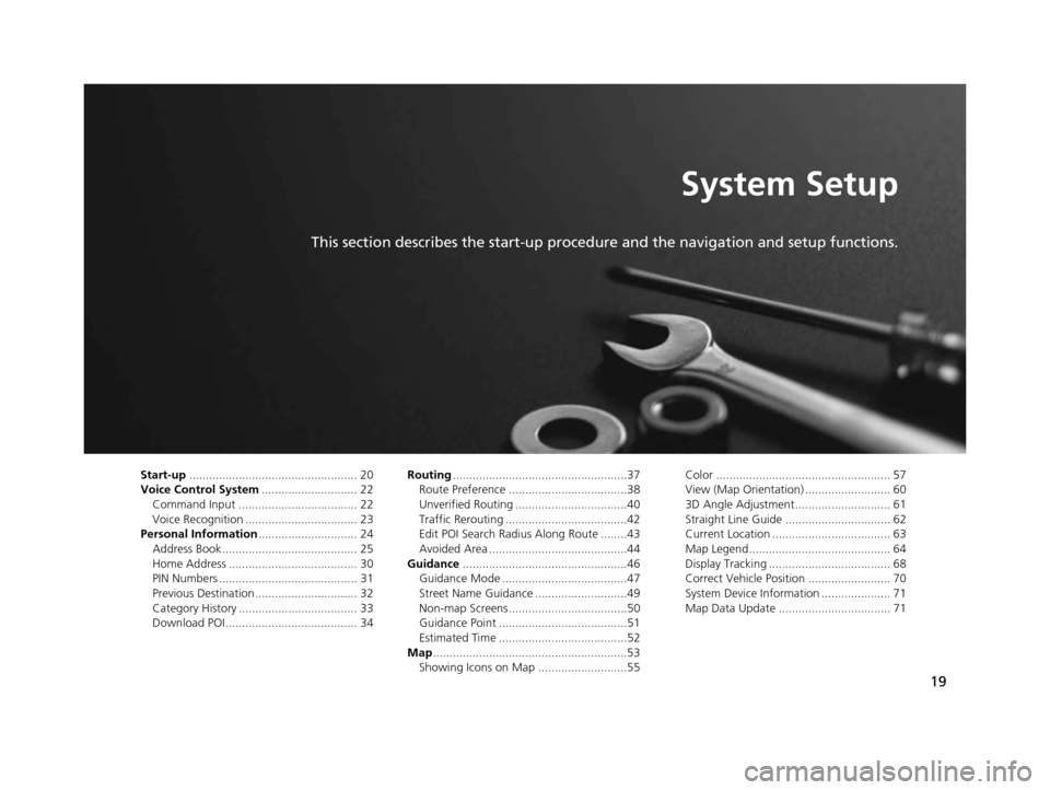 Acura RLX 2018 Navigation Manual 19
System Setup
This section describes the start-up procedure and the navigation and setup functions.
Start-up................................................... 20
Voice Control System .............. Acura RLX 2018 Navigation Manual 19
System Setup
This section describes the start-up procedure and the navigation and setup functions.
Start-up................................................... 20
Voice Control System ..............