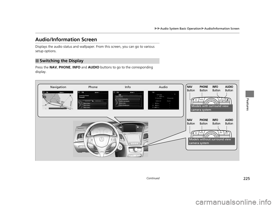 Acura RLX 2016  Owners Manual 225
uuAudio System Basic Operation uAudio/Information Screen
Continued
Features
Audio/Information Screen
Displays the audio status and wallpaper. From this screen, you can go to various 
setup options