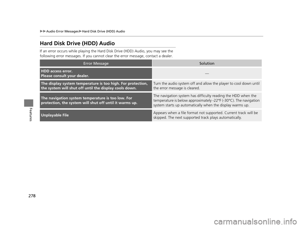 Acura RLX 2016  Owners Manual 278
uuAudio Error Messages uHard Disk Drive (HDD) Audio
Features
Hard Disk Dri ve (HDD) Audio
If an error occurs while playing the Hard  Disk Drive (HDD) Audio, you may see the 
following error messag