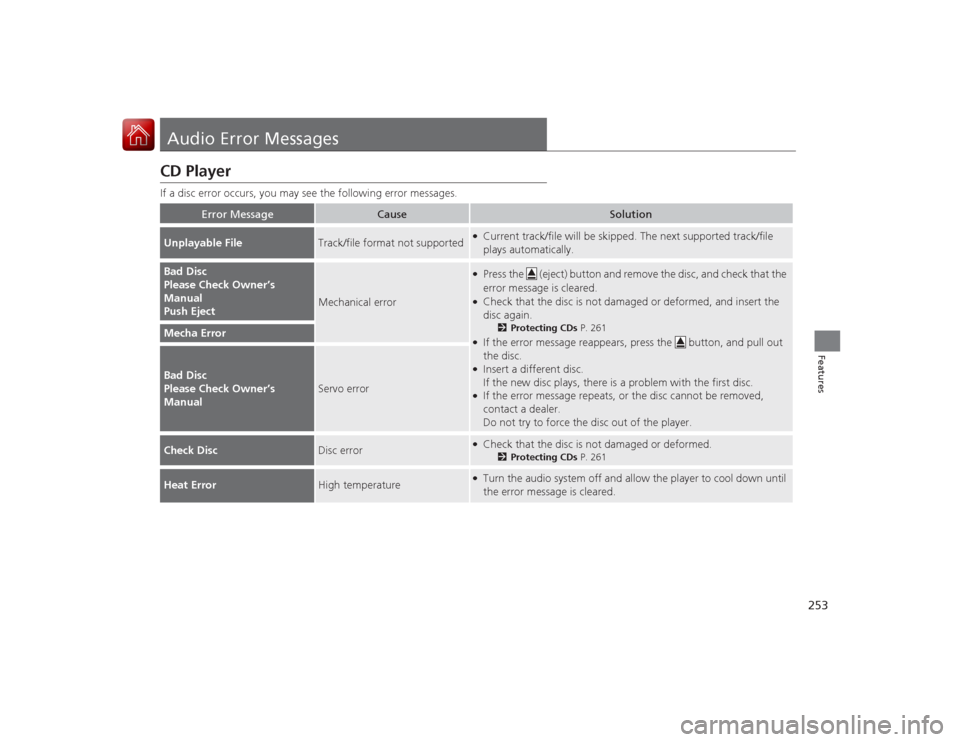 Acura RLX 2015  Owners Manual 253Features
Audio Error MessagesCD PlayerIf a disc error occurs, you may see the following error messages.
Error Message
Cause
Solution
Unplayable File
Track/file format not supported
●Current track