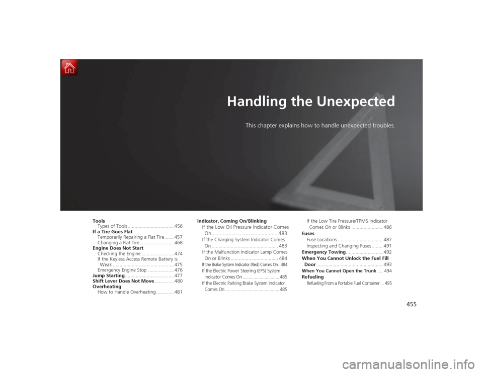Acura RLX 2015 Owners Manual 455
Handling the Unexpected
This chapter explains how to handle unexpected troubles.
Tools
Types of Tools .................................. 456
If a Tire Goes Flat Temporarily Repairing a Flat Tire.. Acura RLX 2015 Owners Manual 455
Handling the Unexpected
This chapter explains how to handle unexpected troubles.
Tools
Types of Tools .................................. 456
If a Tire Goes Flat Temporarily Repairing a Flat Tire..