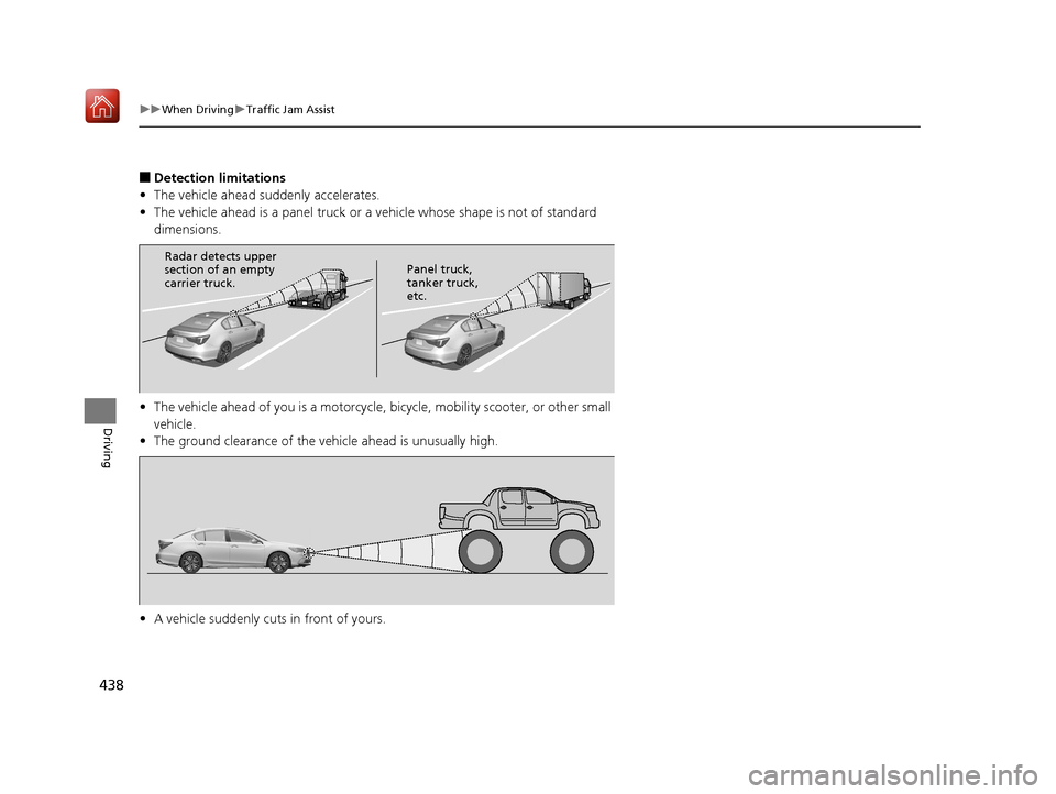 Acura RLX HYBRID 2020  Owners Manual 438
uuWhen Driving uTraffic Jam Assist
Driving
■Detection limitations
• The vehicle ahead suddenly accelerates.
• The vehicle ahead is a panel truck or a  vehicle whose shape is not of standard 