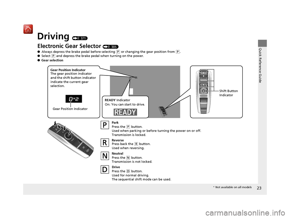 Acura RLX HYBRID 2019  Owners Manual 23
Quick Reference Guide
Driving (P 371)
Electronic Gear Selector (P 385)
● Always depress the brake pedal before selecting 
(P or changing the gear position from (P.
● Select (P and depress the b