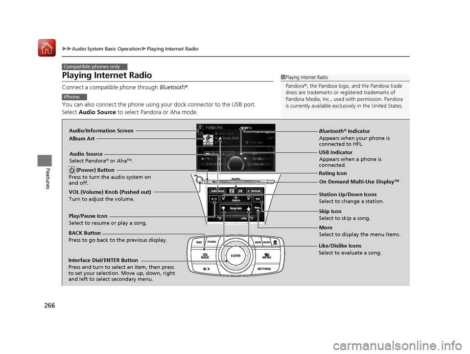 Acura RLX Hybrid 2017 Owners Manual 266
uuAudio System Basic Operation uPlaying Internet Radio
Features
Playing Internet Radio
Connect a compatible phone through Bluetooth®.
You can also connect the phone using your dock connector to Acura RLX Hybrid 2017 Owners Manual 266
uuAudio System Basic Operation uPlaying Internet Radio
Features
Playing Internet Radio
Connect a compatible phone through Bluetooth®.
You can also connect the phone using your dock connector to