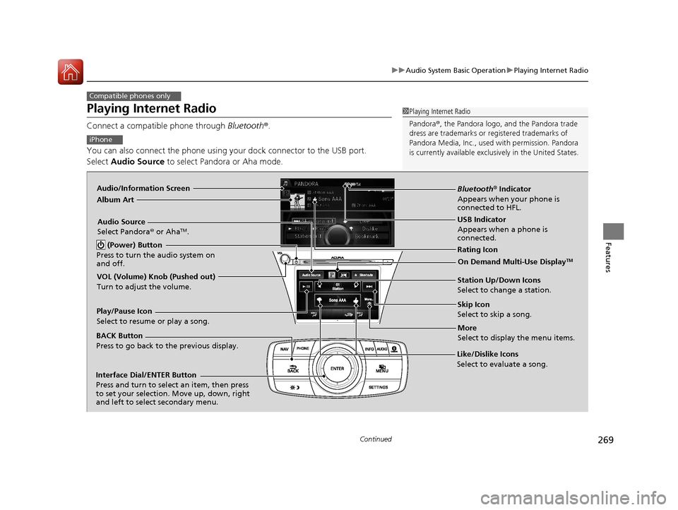 Acura RLX Hybrid 2016 Owners Manual 269
uuAudio System Basic Operation uPlaying Internet Radio
Continued
Features
Playing Internet Radio
Connect a compatible phone through Bluetooth®.
You can also connect the phone using your dock con Acura RLX Hybrid 2016 Owners Manual 269
uuAudio System Basic Operation uPlaying Internet Radio
Continued
Features
Playing Internet Radio
Connect a compatible phone through Bluetooth®.
You can also connect the phone using your dock con