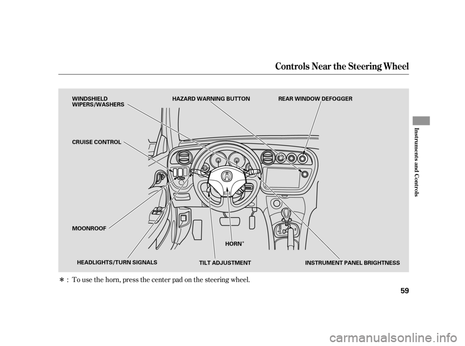 Acura RSX 2005  Owners Manual Î
ÎTo use the horn, press the center pad on the steering wheel.
:
Controls Near the Steering Wheel
Inst rument s and Cont rols
59
WINDSHIELD
WIPERS/WASHERS
TILT ADJUSTMENT
MOONROOF REAR WINDOW DEF