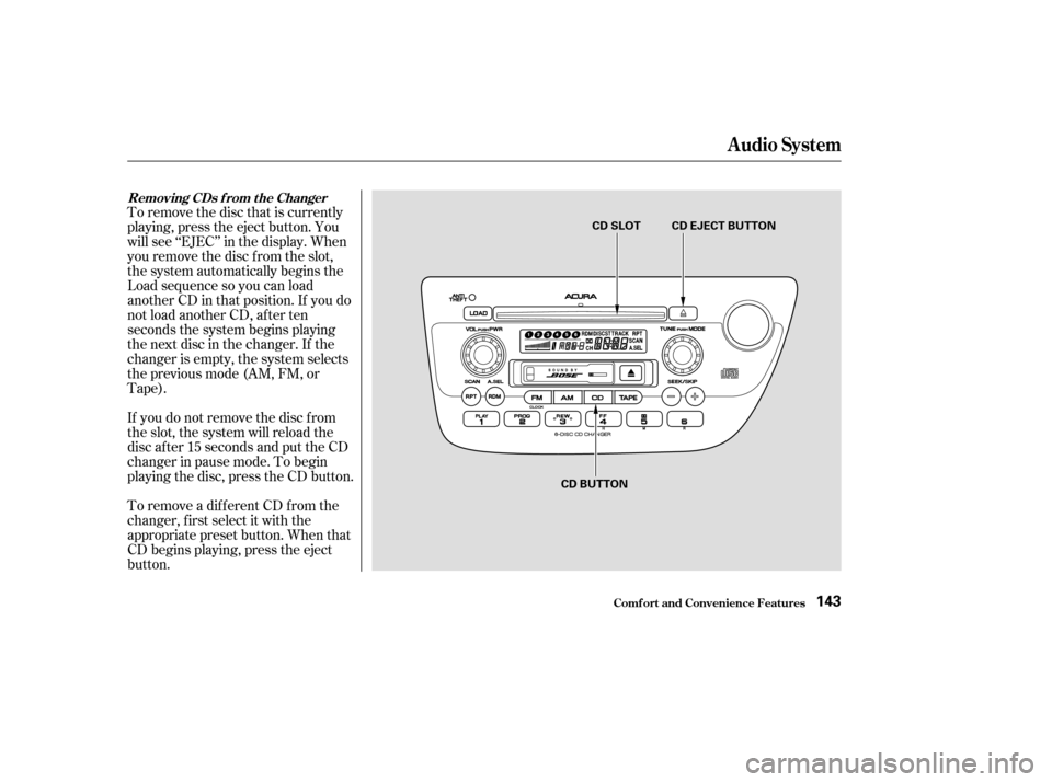 Acura RSX 2003  Owners Manual To remove the disc that is currently
playing, press the eject button. You
will see ‘‘EJEC’’ in the display. When
you remove the disc f rom the slot,
the system automatically begins the
Load se