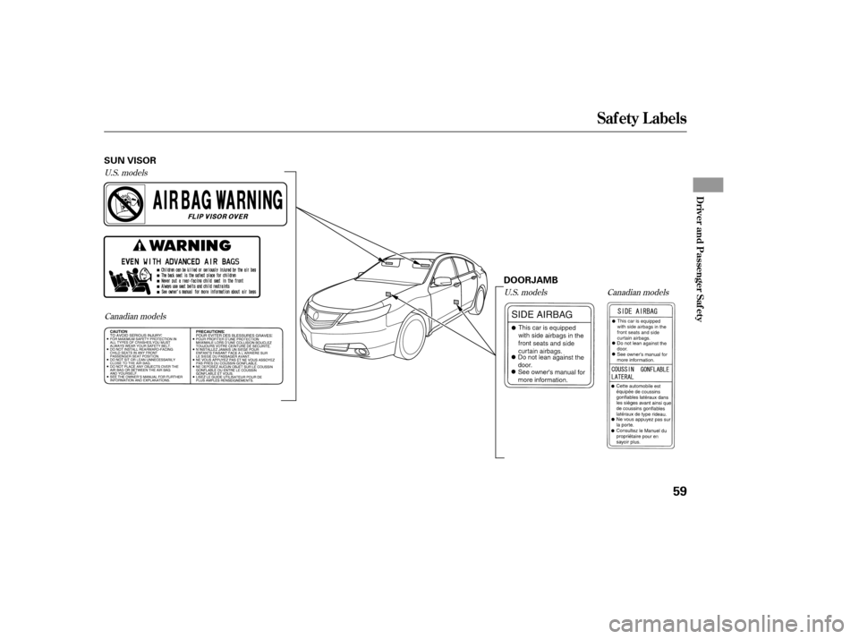 Acura TL 2014  Owners Manual U.S. modelsCanadian models U.S. models Canadian models
Saf ety L abels
Driver and Passenger Saf ety
59
SUN VISOR
DOORJAMB
12/07/20 10:37:24 31TK4640_064 