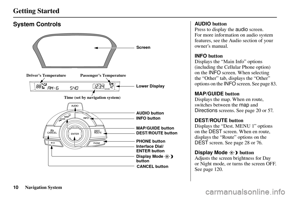 Acura TL 2012 Navigation Manual Getting Started
10 Navigation System
AUDIO button
Press to display the audio screen.
For more information on audio system
features, see the Audio section of your
owner’s manual.
INFO button Acura TL 2012 Navigation Manual Getting Started
10 Navigation System
AUDIO button
Press to display the audio screen.
For more information on audio system
features, see the Audio section of your
owner’s manual.
INFO button