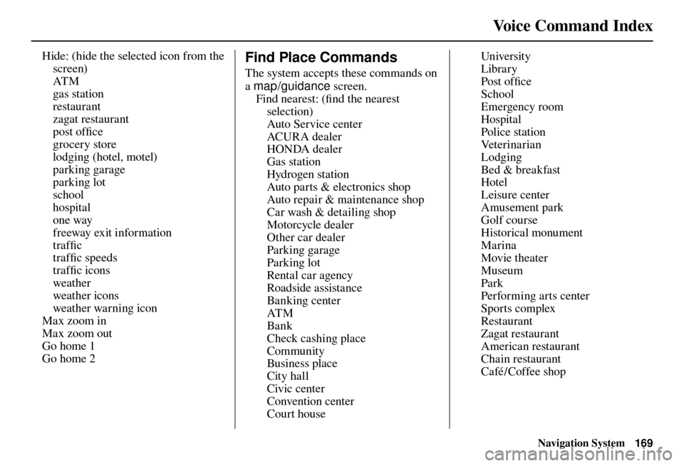 Acura TL 2012  Navigation Manual Voice Command Index
Navigation System169
Hide: (hide the selected icon from the 
screen)
 AT M
 gas station
 restaurant
 zagat restaurant
 post ofﬁ  ce
 grocery store
  lodging (hotel, motel)
 parki