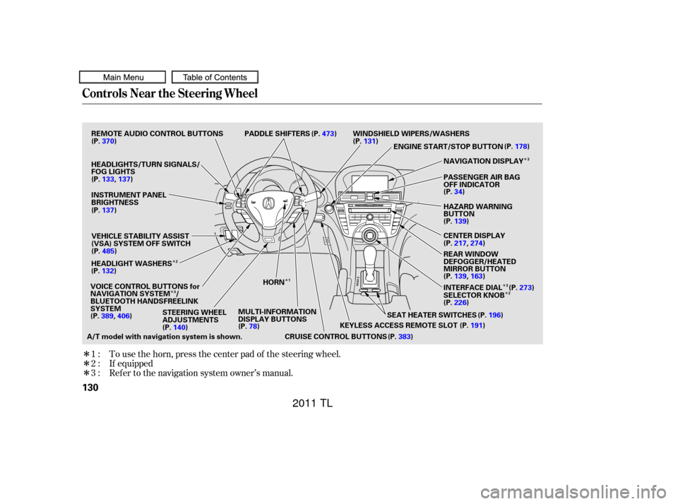 Acura TL 2011  Owners Manual Î
Î
Î
ÎÎ
Î Î
Î Î
To use the horn, press the center pad of the steering wheel.
If equipped
Ref er to the navigation system owner’s manual.
1:
2:
3:
Controls Near the Steering Wheel
