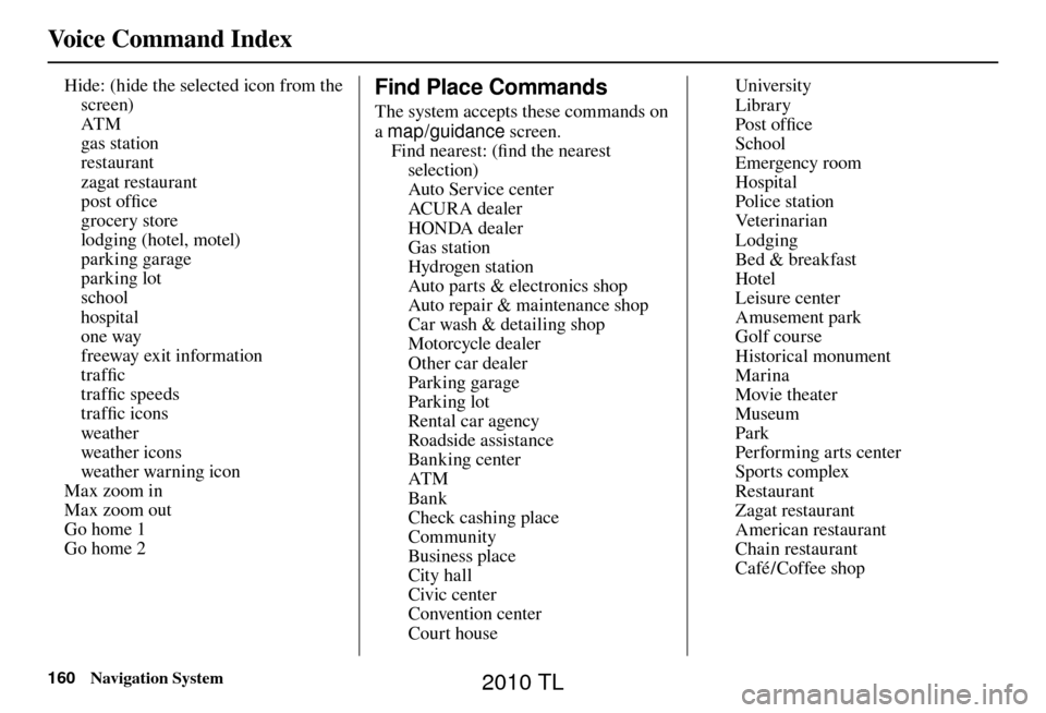 Acura TL 2010  Navigation Manual Voice Command Index
160 Navigation System
Hide: (hide the selected icon from the 
screen)
 AT M
 gas station
 restaurant
 zagat restaurant
 post ofﬁ  ce
 grocery store
  lodging (hotel, motel)
 park