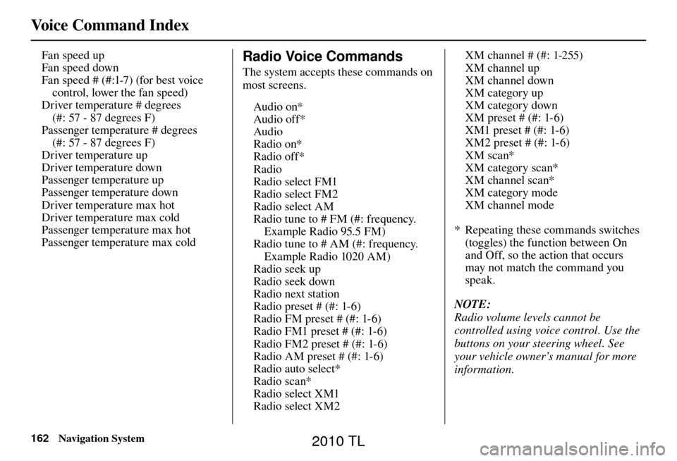 Acura TL 2010 Navigation Manual Voice Command Index
162 Navigation System
Fan speed up
Fan speed down
Fan speed # (#:1-7) (for best voice
control, lower the fan speed)
Driver temperature # degrees
(#: 57 - 87 degrees F)
Passenger Acura TL 2010 Navigation Manual Voice Command Index
162 Navigation System
Fan speed up
Fan speed down
Fan speed # (#:1-7) (for best voice
control, lower the fan speed)
Driver temperature # degrees
(#: 57 - 87 degrees F)
Passenger