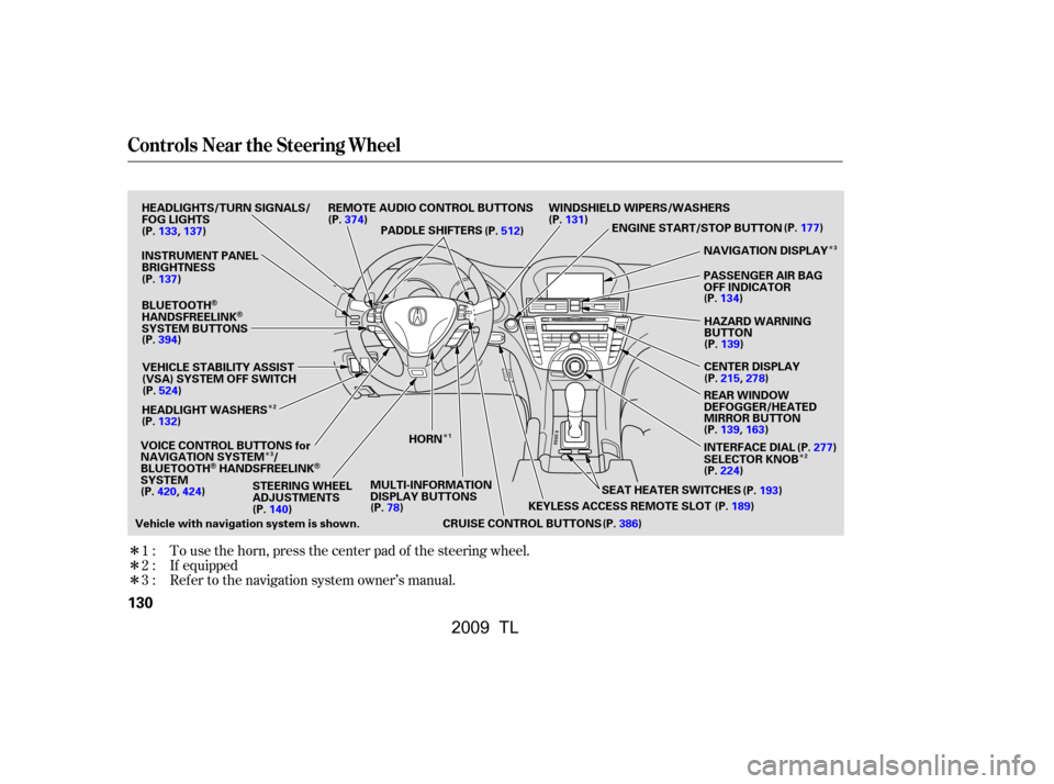Acura TL 2009 Owners Manual Î
Î
Î
Î
Î Î
Î Î
To use the horn, press the center pad of the steering wheel.
If equipped
Ref er to the navigation system owner’s manual.
1:
2:
3:
Controls Near the Steering Wheel
13 Acura TL 2009 Owners Manual Î
Î
Î
Î
Î Î
Î Î
To use the horn, press the center pad of the steering wheel.
If equipped
Ref er to the navigation system owner’s manual.
1:
2:
3:
Controls Near the Steering Wheel
13