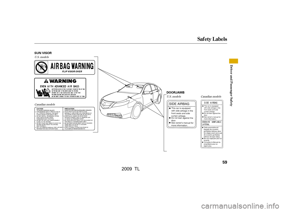 Acura TL 2009  Owners Manual U.S. modelsCanadian models U.S. models
Canadian models
Saf ety L abels
Driver and Passenger Saf ety
59
SUN VISOR
DOORJAMB
\f—\f—y

y
) \f\fy\f\fy
 20