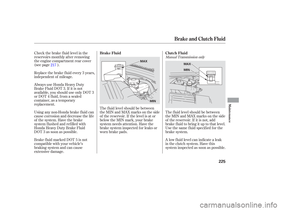 Acura TL 2006 Owners Manual Check the brake f luid level in the
reservoirs monthly af ter removing
the engine compartment rear cover
(see page ).The f luid level should be between
theMINandMAXmarksontheside
of the reservoir. If Acura TL 2006 Owners Manual Check the brake f luid level in the
reservoirs monthly af ter removing
the engine compartment rear cover
(see page ).The f luid level should be between
theMINandMAXmarksontheside
of the reservoir. If