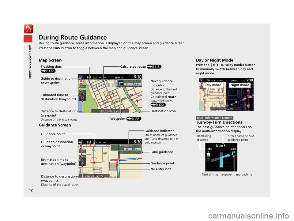 Acura TLX 2017 Navigation Manual 10
Quick Reference GuideDuring Route Guidance
During route guidance, route information is displayed on the map screen and guidance screen.
Press the NAV button to toggle between th e map and guidance Acura TLX 2017 Navigation Manual 10
Quick Reference GuideDuring Route Guidance
During route guidance, route information is displayed on the map screen and guidance screen.
Press the NAV button to toggle between th e map and guidance