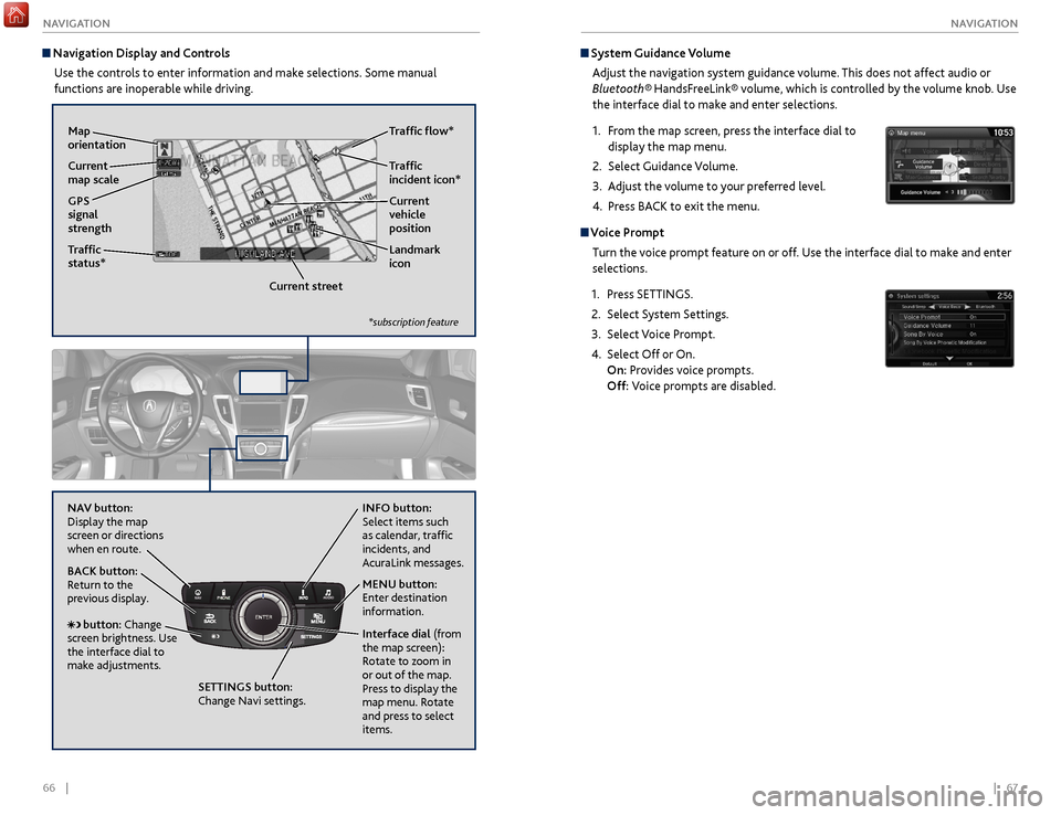 Acura TLX 2017 Owners Guide 66 || 67
NAVIGATION
NAVIGATION
System Guidance Volume
Adjust the navigation system guidance volume. This does not affect audio or
Bluetooth® HandsFreeLink® volume, which is controlle Acura TLX 2017 Owners Guide 66 || 67
NAVIGATION
NAVIGATION
System Guidance Volume
Adjust the navigation system guidance volume. This does not affect audio or
Bluetooth® HandsFreeLink® volume, which is controlle