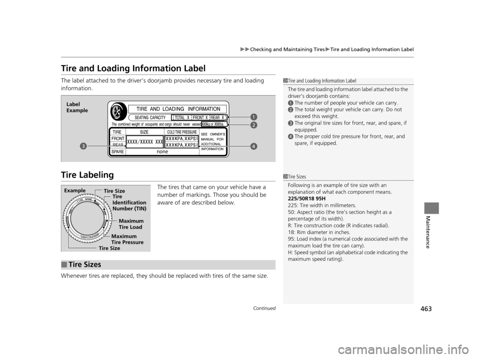 Acura TLX 2016 Owners Manual 463
uuChecking and Maintaining Tires uTire and Loading Information Label
Continued
Maintenance
Tire and Loading Information Label
The label attached to the dr iver’s doorjamb provides necessary tire Acura TLX 2016 Owners Manual 463
uuChecking and Maintaining Tires uTire and Loading Information Label
Continued
Maintenance
Tire and Loading Information Label
The label attached to the dr iver’s doorjamb provides necessary tire