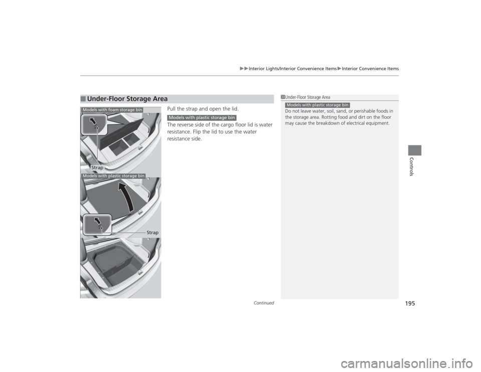 Acura TLX 2015  Owners Manual Continued
195
uuInterior Lights/Interior Convenience Items uInterior Convenience Items
Controls
Pull the strap and open the lid.
The reverse side of the cargo floor lid is water 
resistance. Flip the 