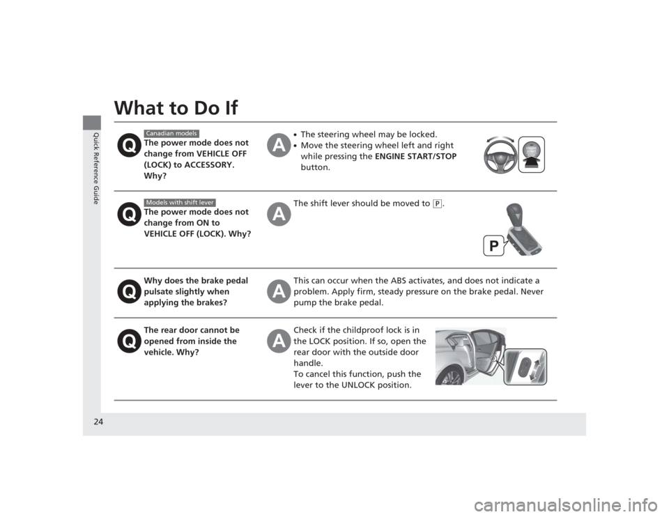 Acura TLX 2015  Owners Manual 24Quick Reference Guide
What to Do If
The power mode does not 
change from VEHICLE OFF 
(LOCK) to ACCESSORY. 
Why?
●The steering wheel may be locked.●Move the steering wheel left and right 
while 