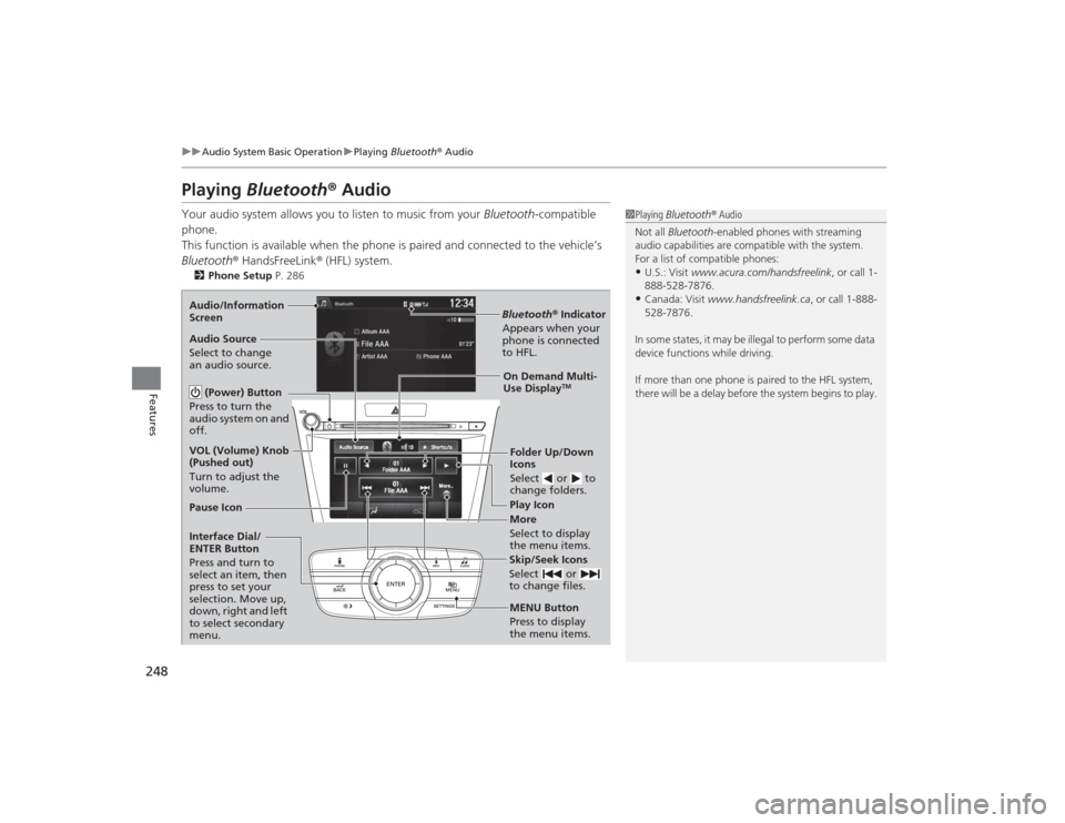 Acura TLX 2015 Owners Manual 248
uuAudio System Basic Operation uPlaying Bluetooth ® Audio
Features
Playing Bluetooth ® AudioYour audio system allows you to listen to music from your Bluetooth-compatible
phone.
This function Acura TLX 2015 Owners Manual 248
uuAudio System Basic Operation uPlaying Bluetooth ® Audio
Features
Playing Bluetooth ® AudioYour audio system allows you to listen to music from your Bluetooth-compatible
phone.
This function