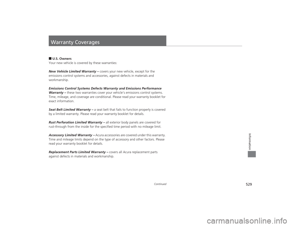 Acura TLX 2015  Owners Manual 529
Continued
Information
Warranty Coverages■U.S. Owners
Your new vehicle is covered by these warranties:
New Vehicle Limited Warranty –  covers your new vehicle, except for the 
emissions control