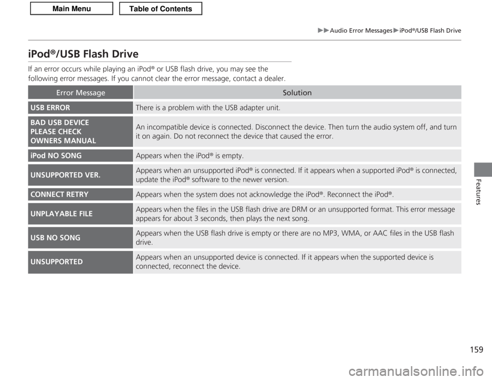 Acura TSX 2013 Owners Manual 159
uuAudio Error Messages uiPod® /USB Flash Drive
Features
iPod®/USB Flash DriveIf an error occurs while playing an iPod ® or USB flash drive, you may see the
following error messages. If you can Acura TSX 2013 Owners Manual 159
uuAudio Error Messages uiPod® /USB Flash Drive
Features
iPod®/USB Flash DriveIf an error occurs while playing an iPod ® or USB flash drive, you may see the
following error messages. If you can