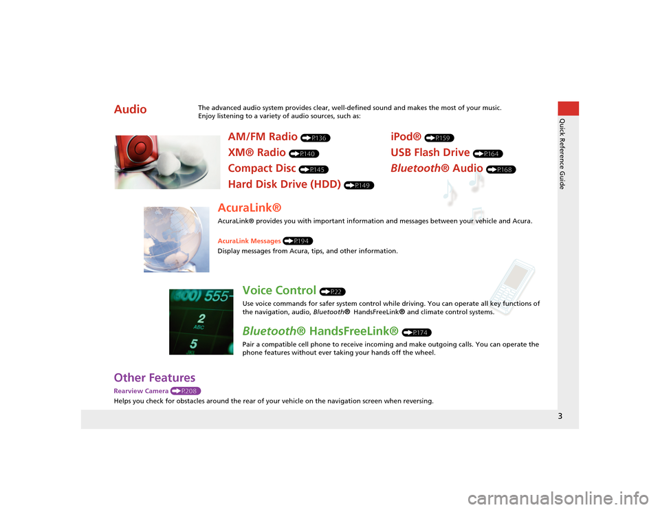 Acura TSX 2012  Navigation Manual 3Quick Reference Guide
Other FeaturesRearview Camera (P208)
Helps you check for obstacles around the rear of your vehicle on the navigation screen when reversing.Audio
The advanced audio system provid